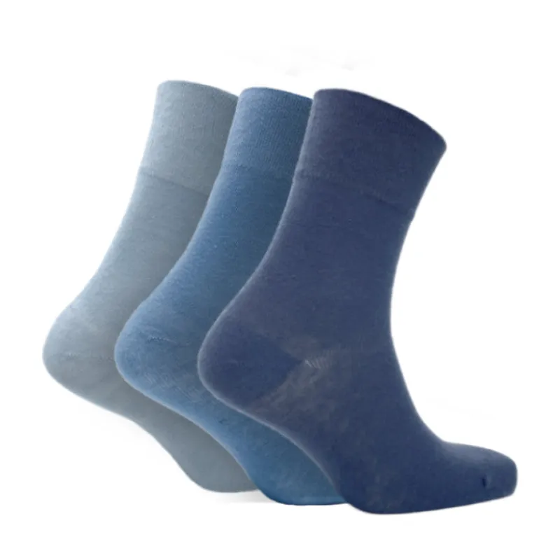 3 Pairs Blues - Mens Diabetic Soft Grip Non Elastic Loose Weave Top Diabetic Socks Size 6-11