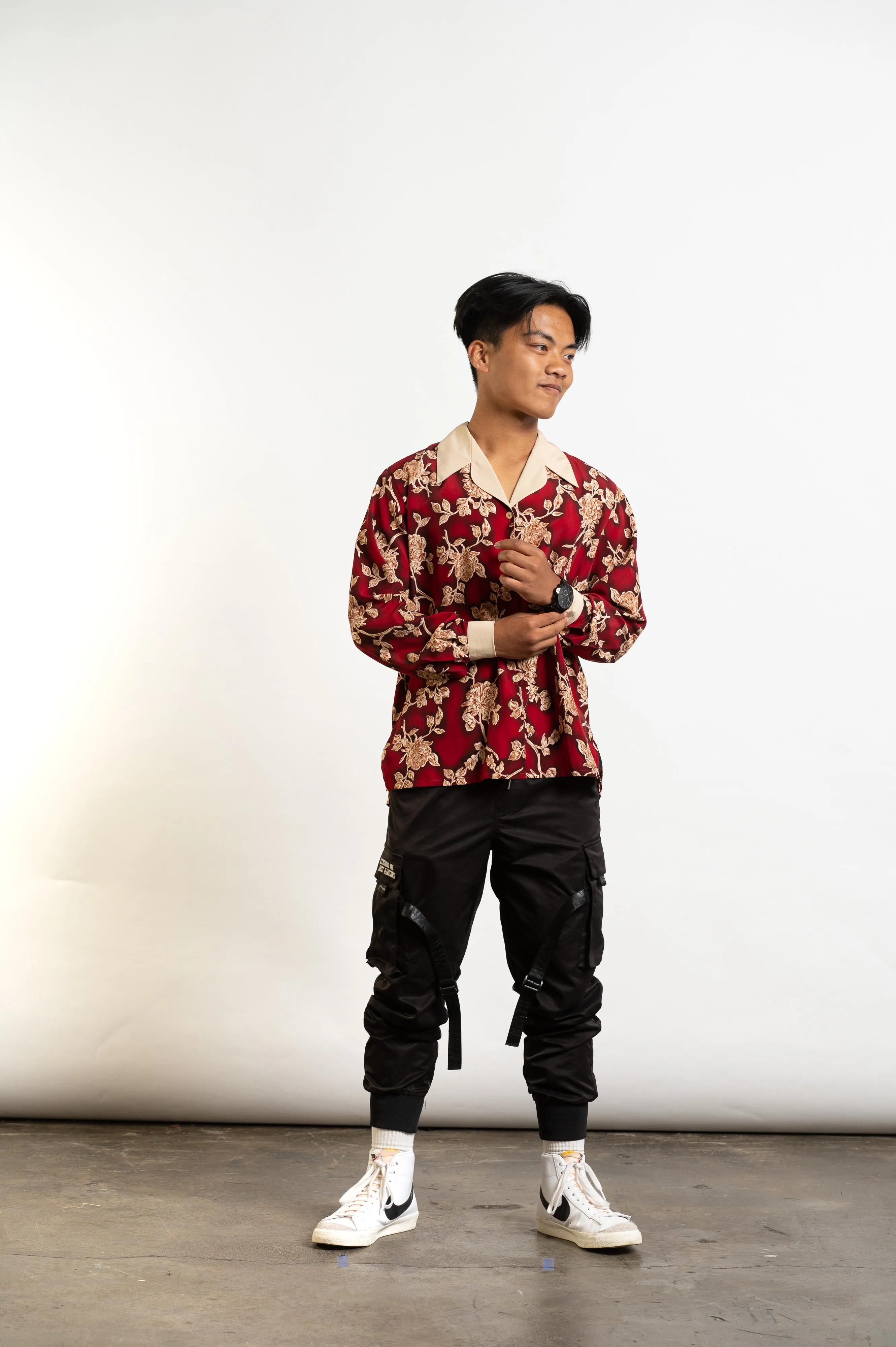 90s Deep Red Floral Long Sleeve Shirt