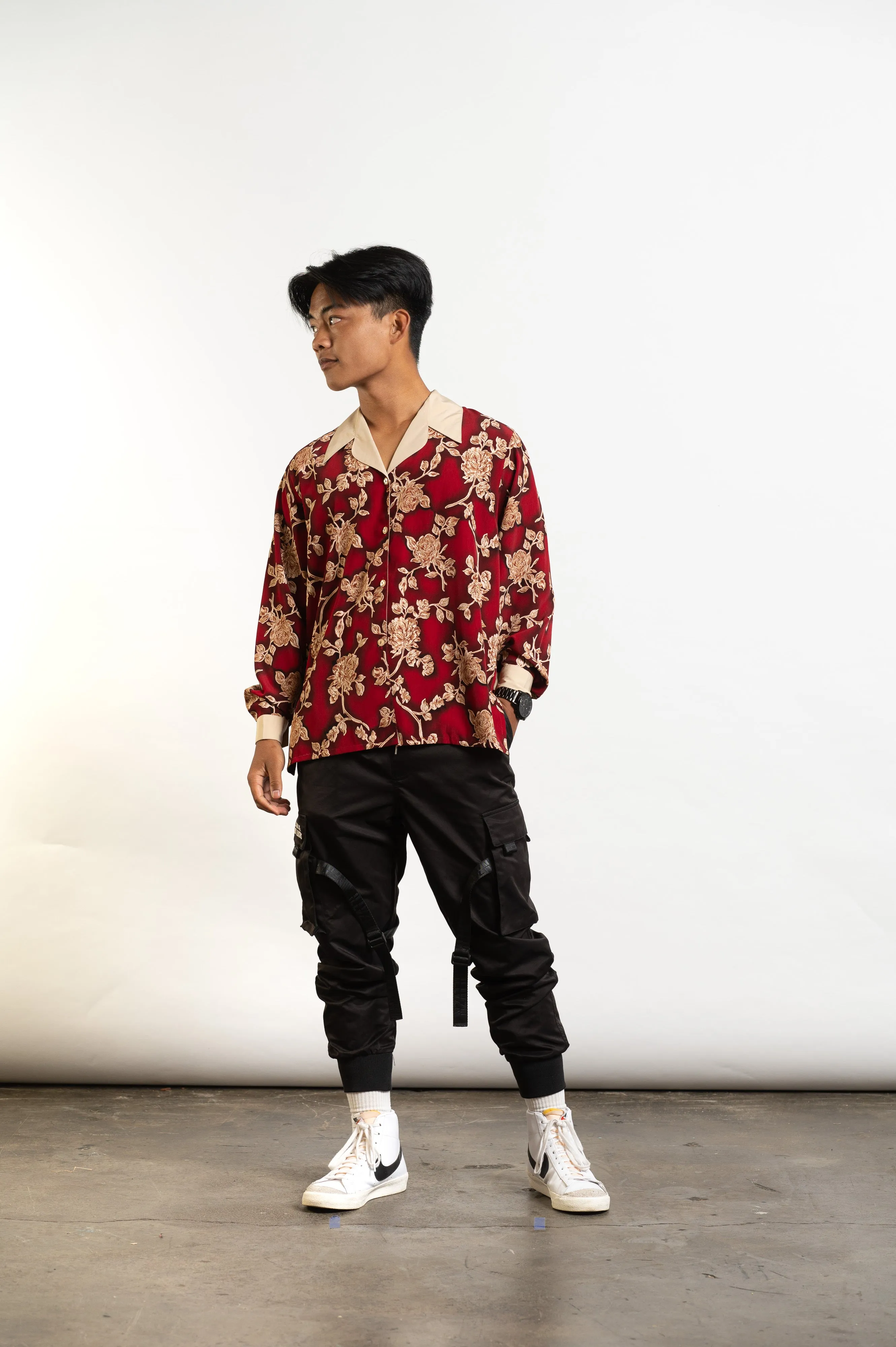 90s Deep Red Floral Long Sleeve Shirt