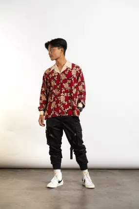 90s Deep Red Floral Long Sleeve Shirt