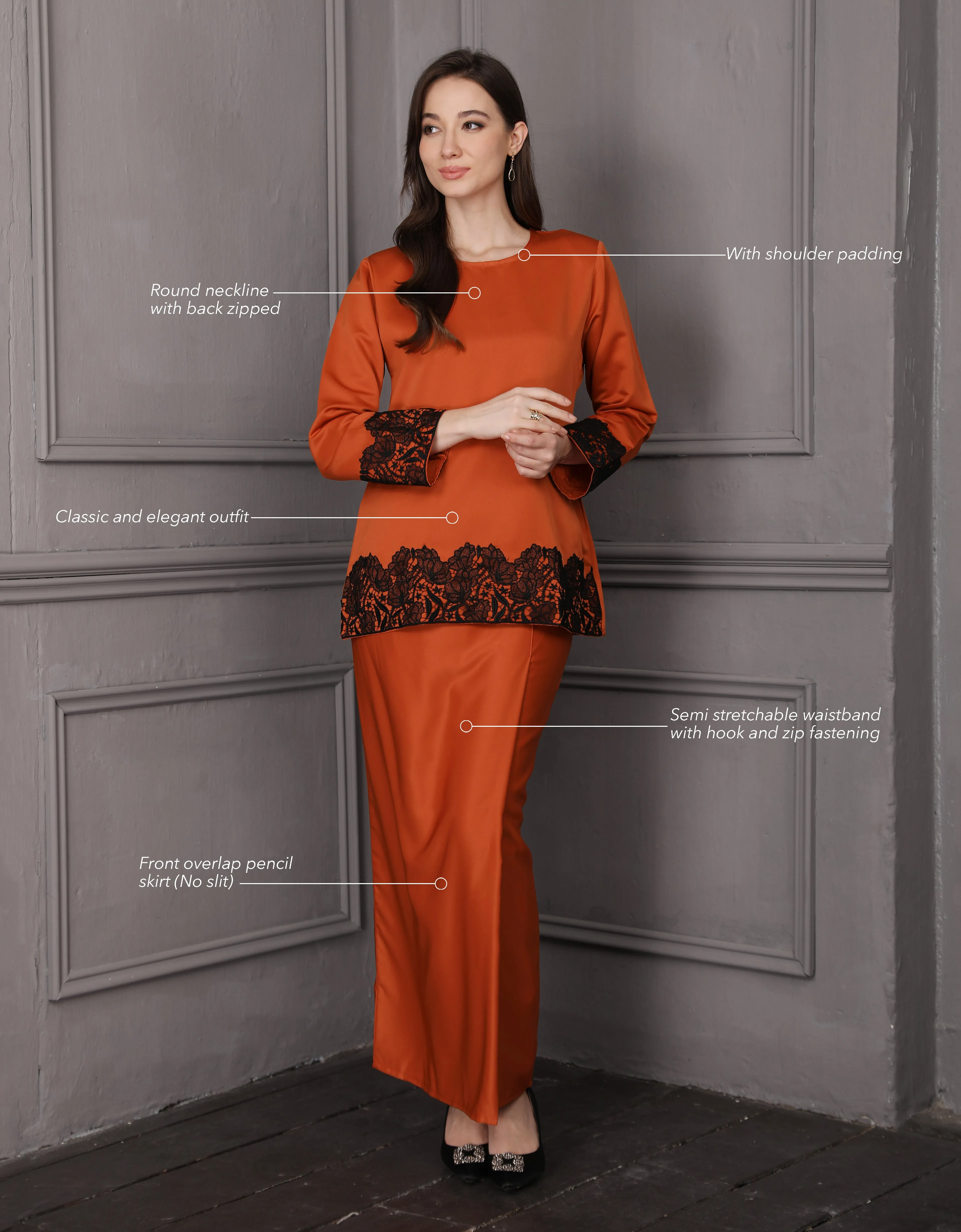 BAJU KURUNG KEDAH JULYA (BURNT ORANGE)