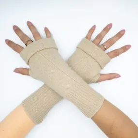 Biscuit Beige Pattern Knit Fingerless Gloves