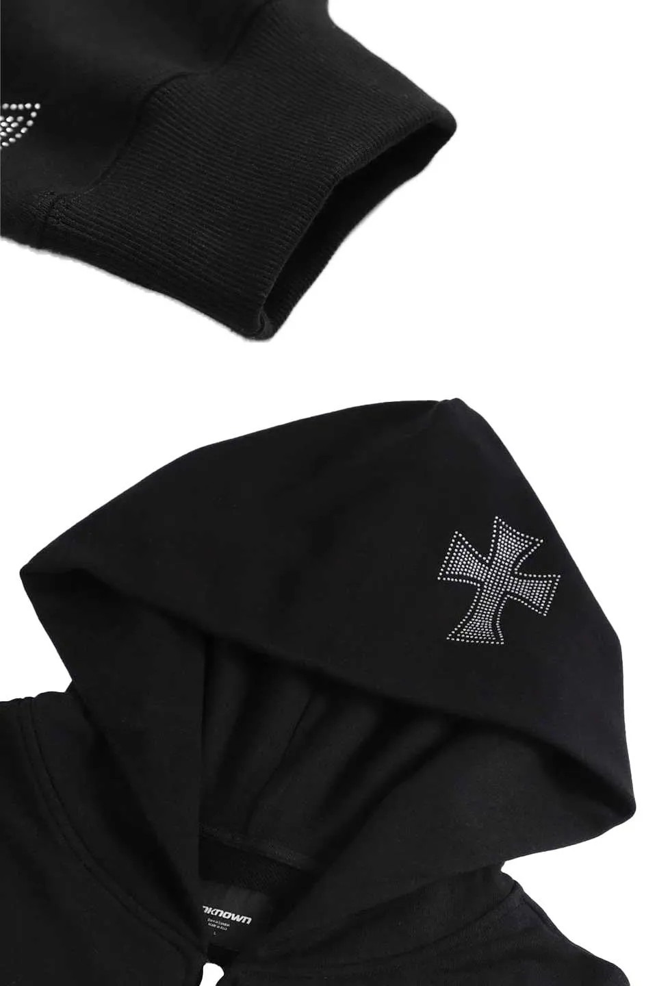 Black x Silver Rhinestone Cross Zip Hoodie