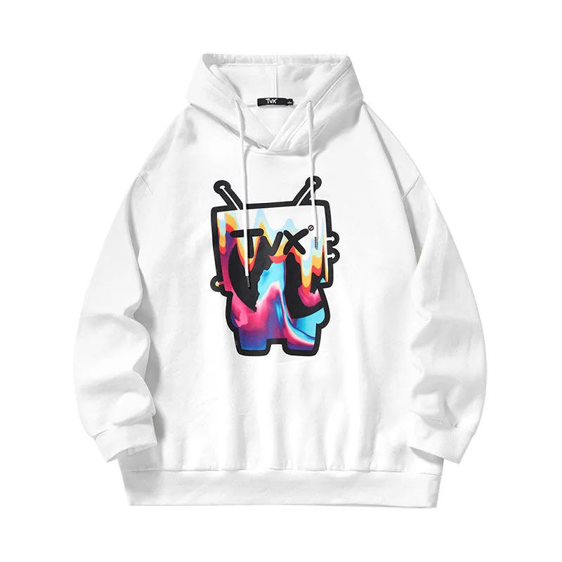 Cartoon TV man letter-printed pullover drawstring hoodie