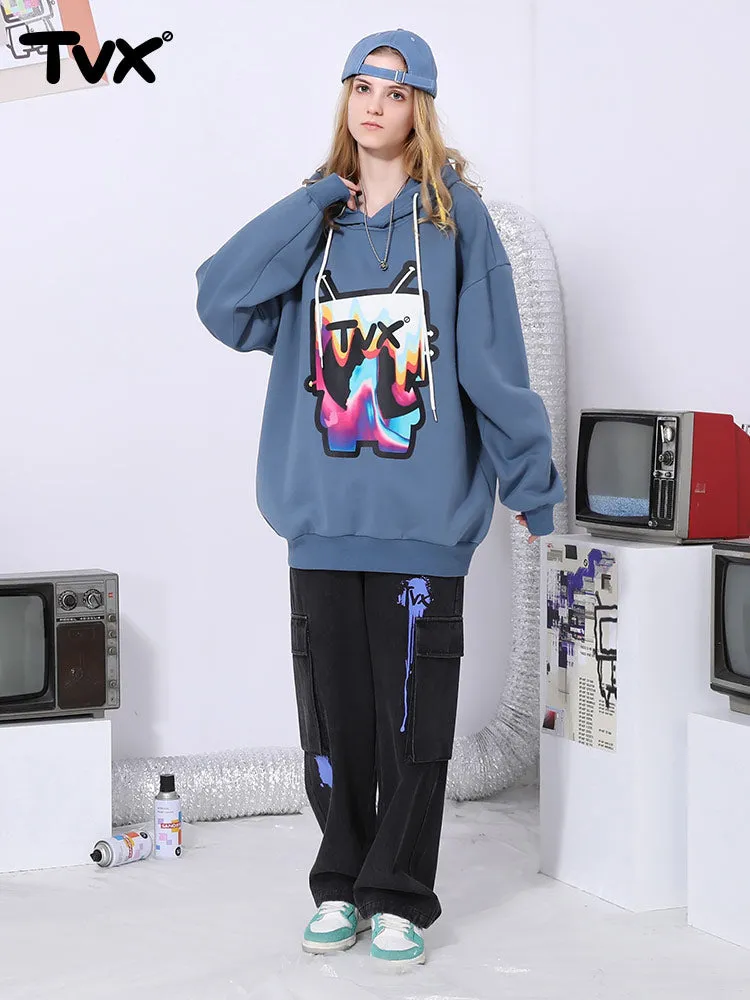 Cartoon TV man letter-printed pullover drawstring hoodie