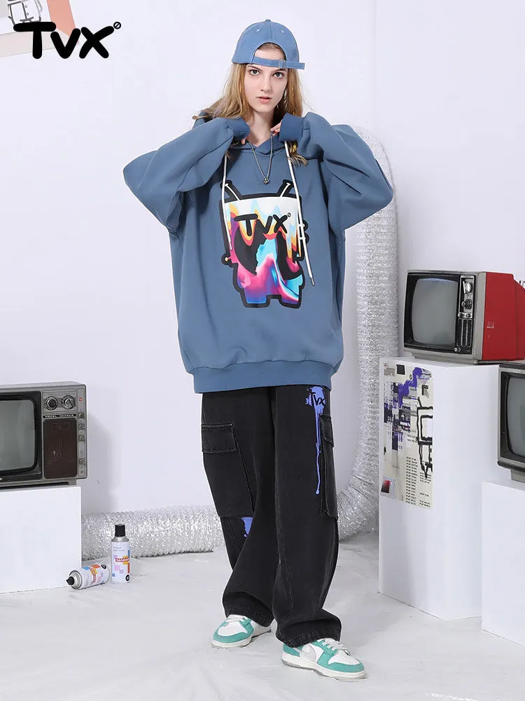Cartoon TV man letter-printed pullover drawstring hoodie