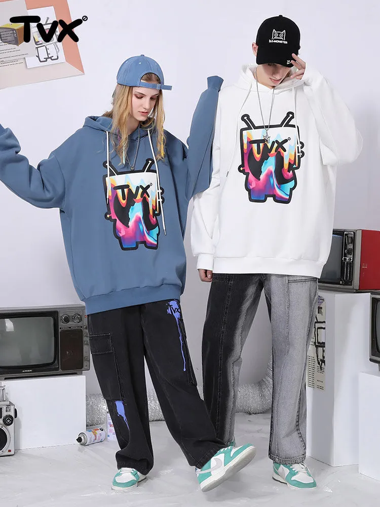 Cartoon TV man letter-printed pullover drawstring hoodie