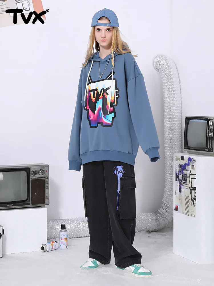 Cartoon TV man letter-printed pullover drawstring hoodie