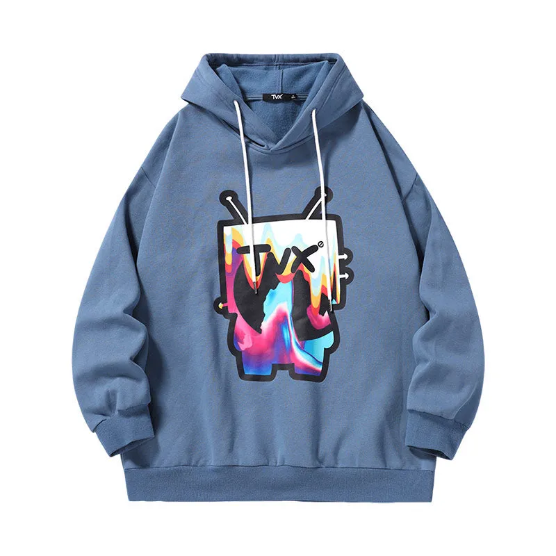 Cartoon TV man letter-printed pullover drawstring hoodie