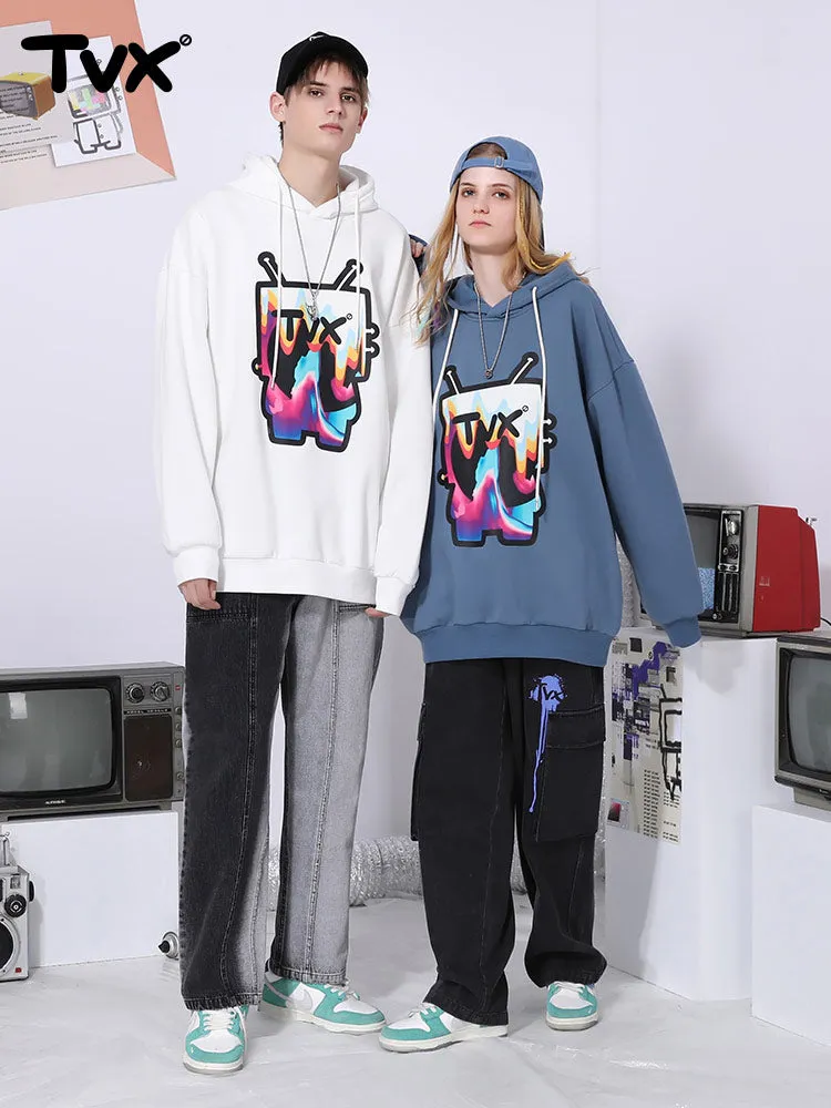 Cartoon TV man letter-printed pullover drawstring hoodie