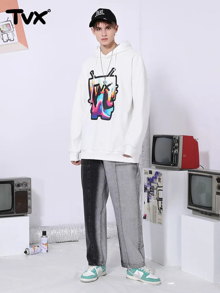 Cartoon TV man letter-printed pullover drawstring hoodie