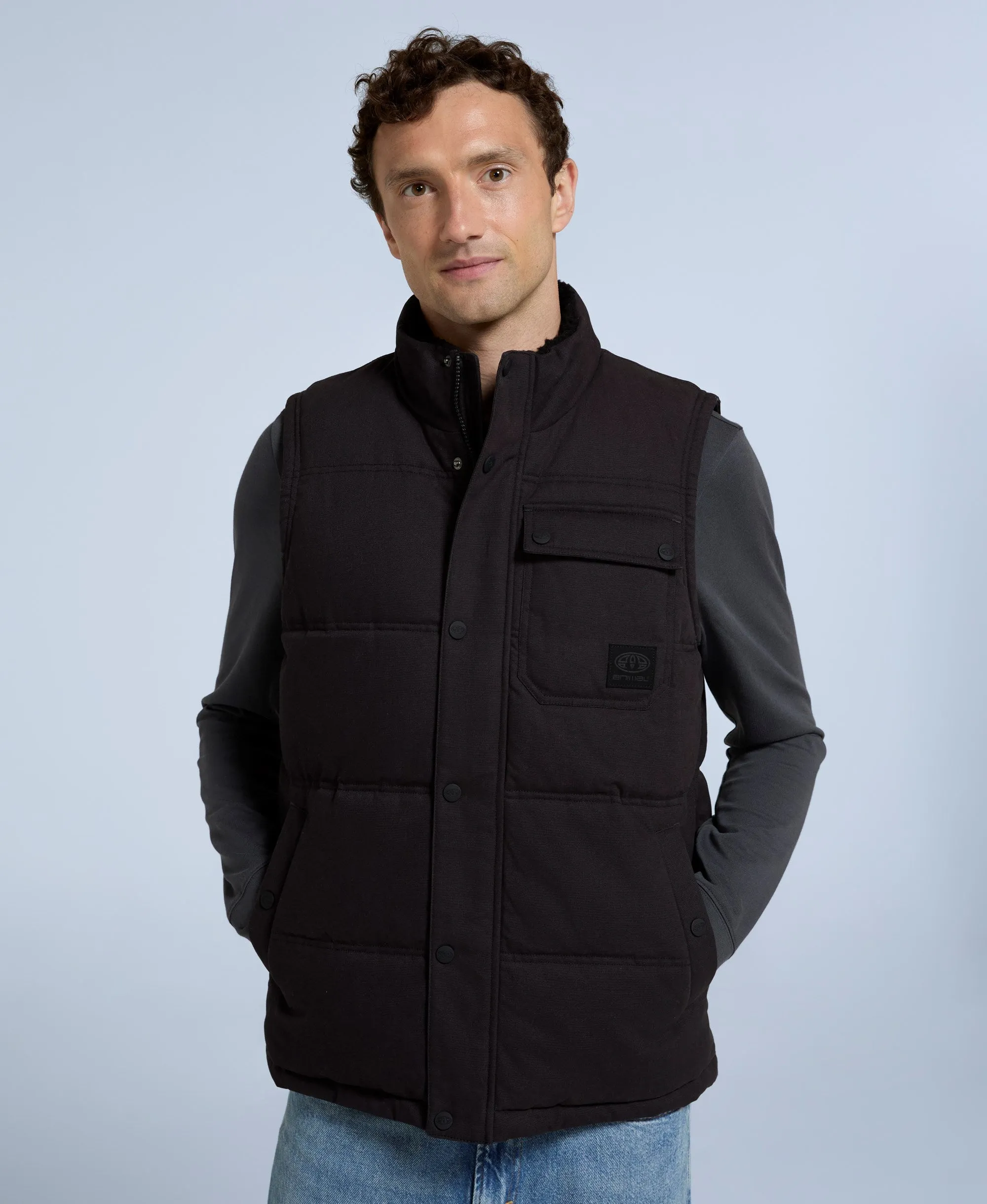 Fistral Mens Cotton Padded Borg Lined Gilet - Black