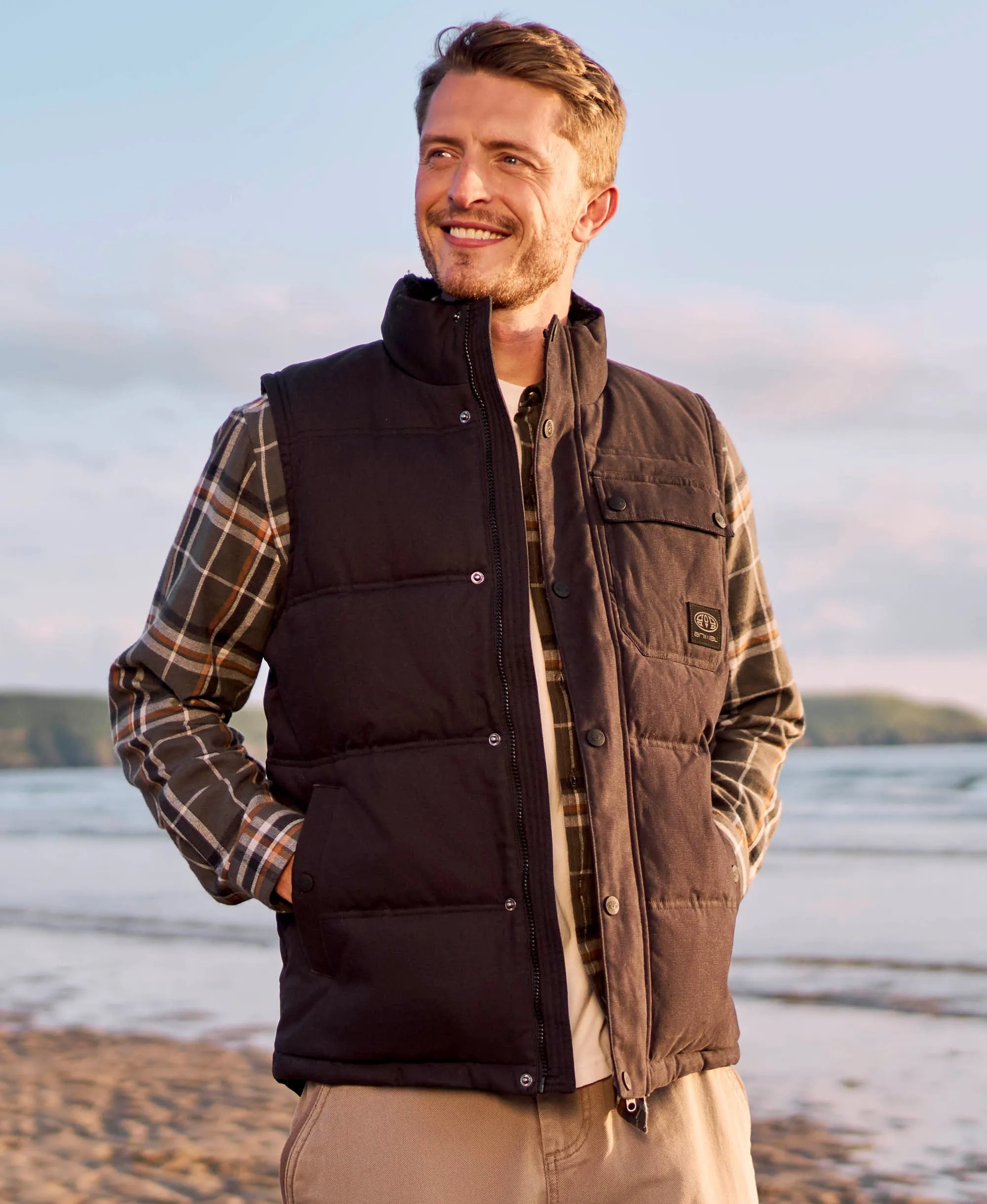 Fistral Mens Cotton Padded Borg Lined Gilet - Black