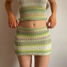 Handmade knitted mini skirt in green, beige and cream