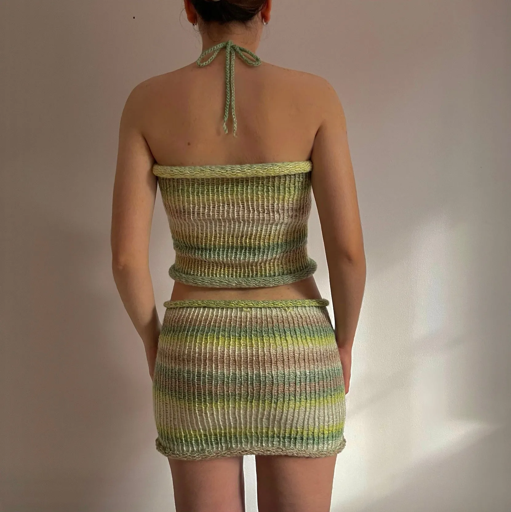 Handmade knitted mini skirt in green, beige and cream