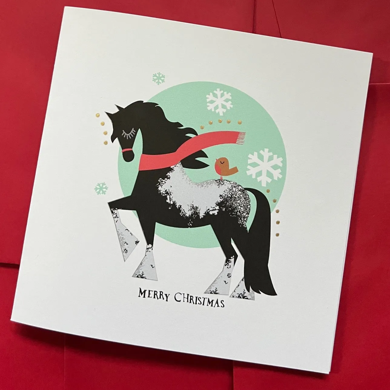 Horse Cosy Winter Scarf Christmas Card with hand painted gold leaf  --- CHDCX2