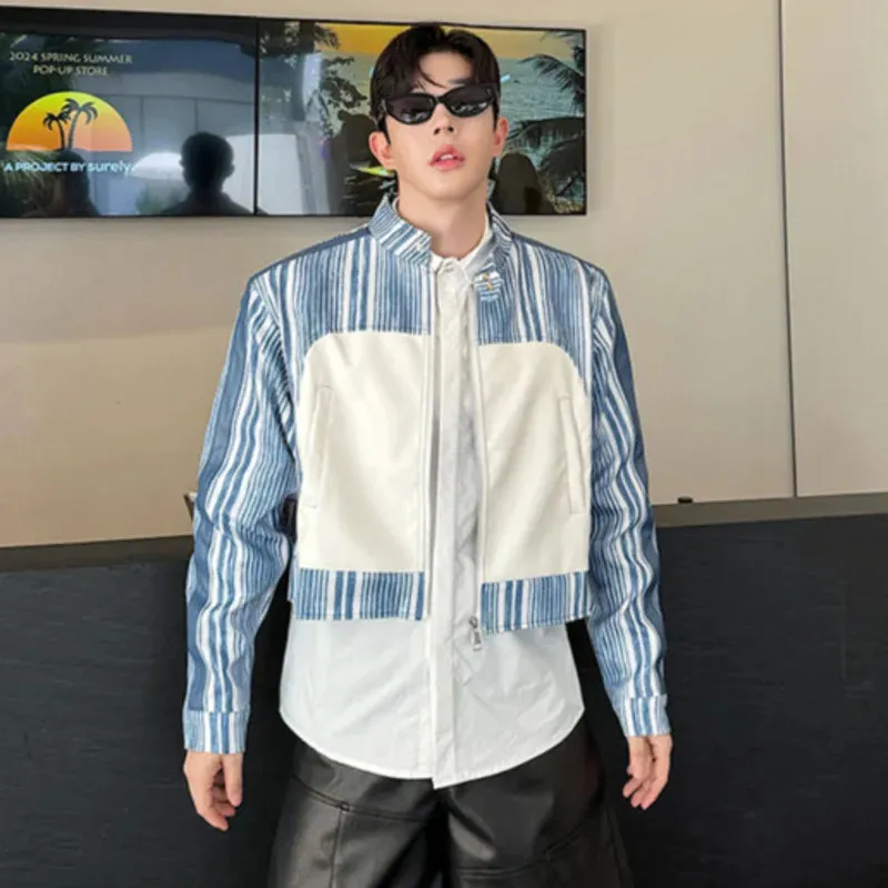Korean Style Trendy PU Leather Spliced Short Jacket Men's Wear 2024 Autumn New Fashion Male Contrast Color Jackets 9C6974