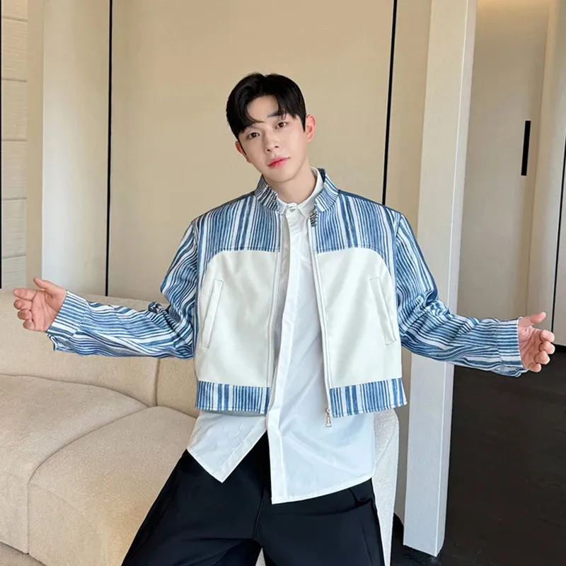 Korean Style Trendy PU Leather Spliced Short Jacket Men's Wear 2024 Autumn New Fashion Male Contrast Color Jackets 9C6974