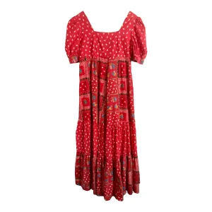 Vintage Unbranded 100% Cotton Short Puff Sleeve Boho Festival Tiered Maxi Dress Red Multi Patchwork Print M UK Size 10-12