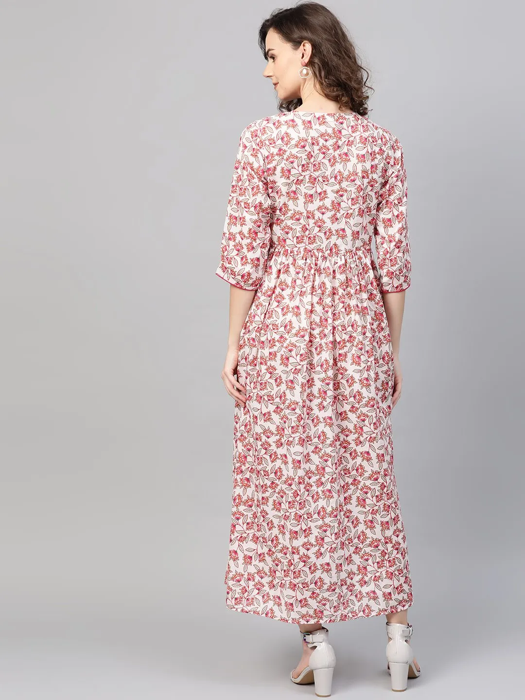Women White & Pink Floral Printed Maxi Dress