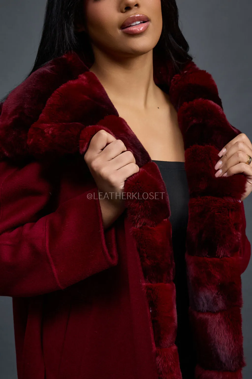 Women's Tamia Cashmere Trench Coat With Full Rex Trimming [Burgundy]