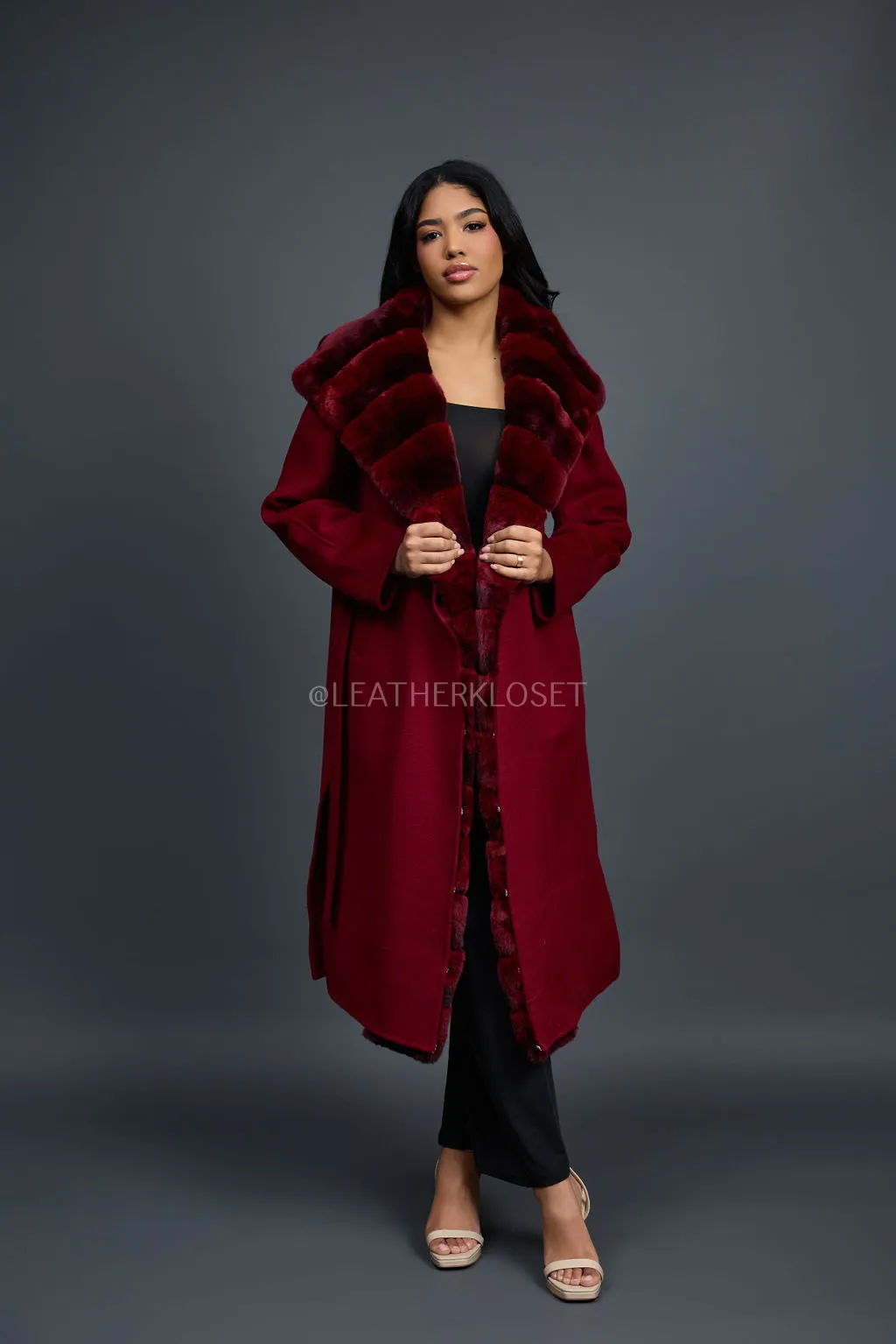 Women's Tamia Cashmere Trench Coat With Full Rex Trimming [Burgundy]