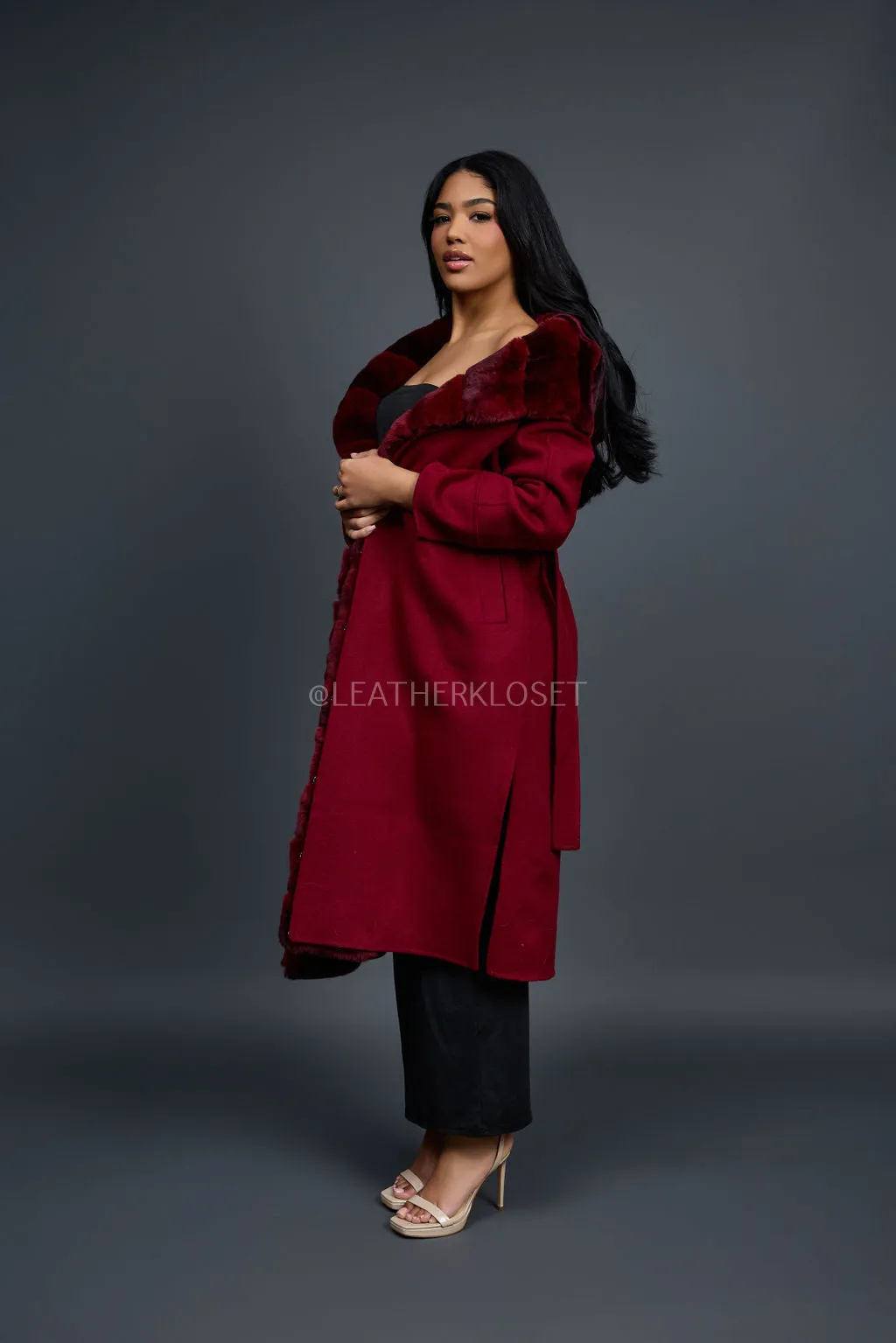 Women's Tamia Cashmere Trench Coat With Full Rex Trimming [Burgundy]