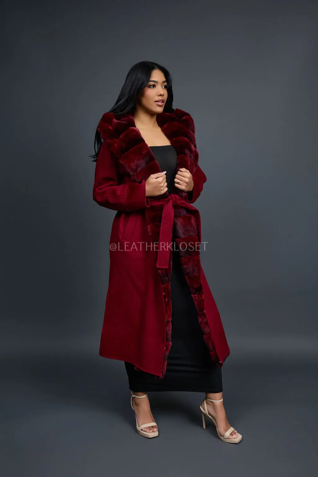 Women's Tamia Cashmere Trench Coat With Full Rex Trimming [Burgundy]