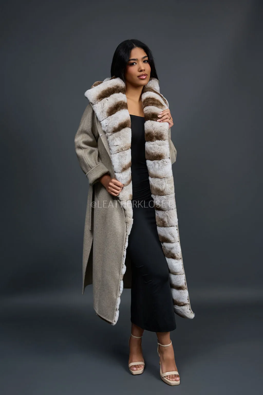 Women's Tamia Cashmere Trench Coat With Full Rex Trimming [Cream]