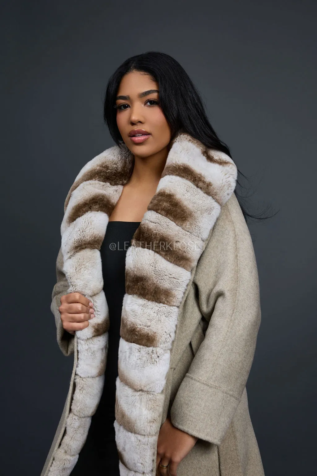 Women's Tamia Cashmere Trench Coat With Full Rex Trimming [Cream]